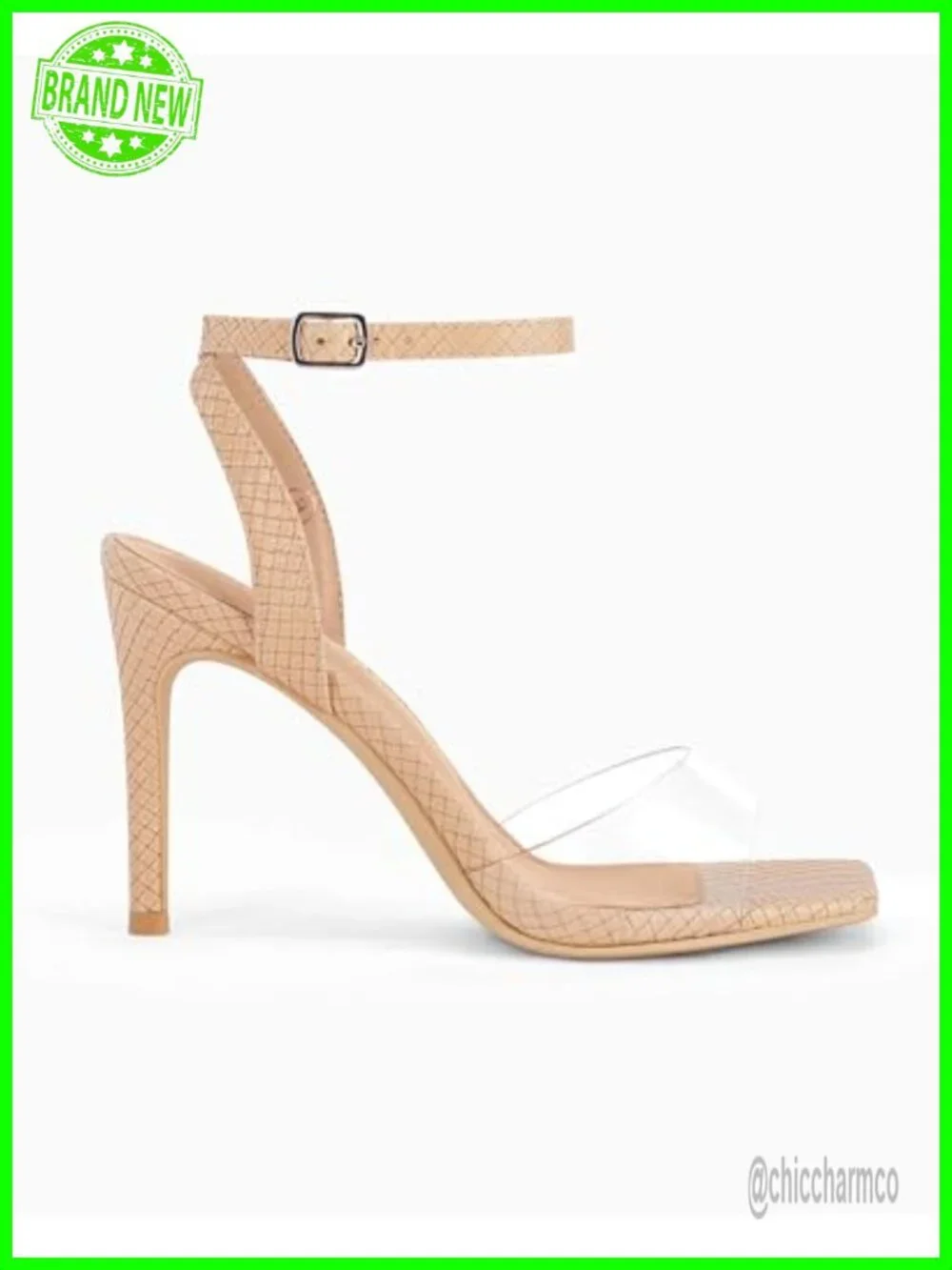 Clear Heels Sandals Square Toe Stiletto Dress Shoes Ankle Strap Faux Leather PVC